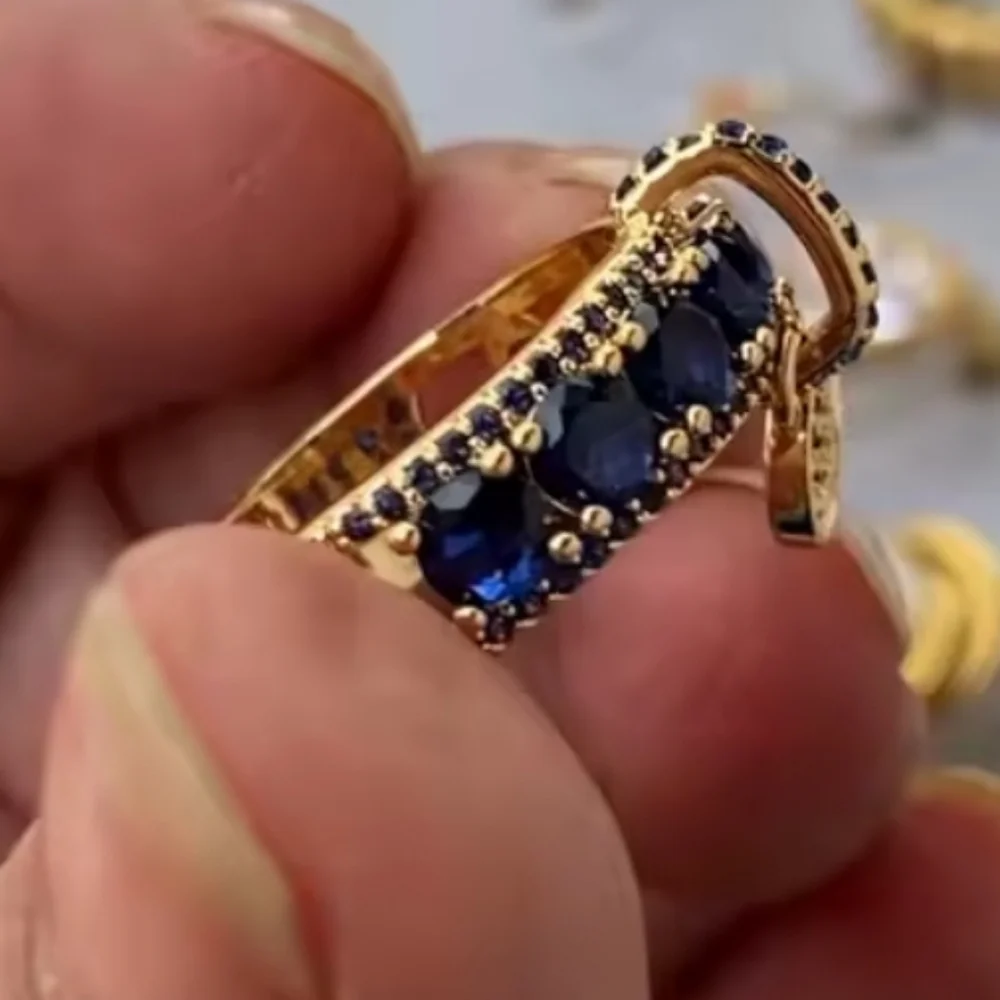 Elegant Golden and Blue Gemstone Ring Sz 8